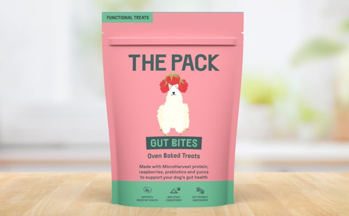 Photo shows the packaging of the new sustainable dog food 'Gut Bites' produced by THE PACK and MicroHarvest using fermented microbial protein