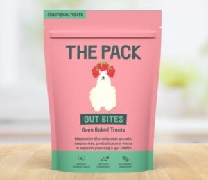 Photo shows the packaging of the new sustainable dog food 'Gut Bites' produced by THE PACK and MicroHarvest using fermented microbial protein