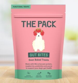 Photo shows the packaging of the new sustainable dog food 'Gut Bites' produced by THE PACK and MicroHarvest using fermented microbial protein