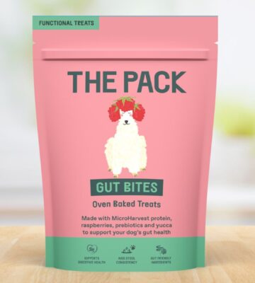 Photo shows the packaging of the new sustainable dog food 'Gut Bites' produced by THE PACK and MicroHarvest using fermented microbial protein
