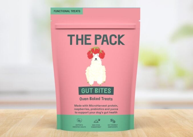 Photo shows the packaging of the new sustainable dog food 'Gut Bites' produced by THE PACK and MicroHarvest using fermented microbial protein