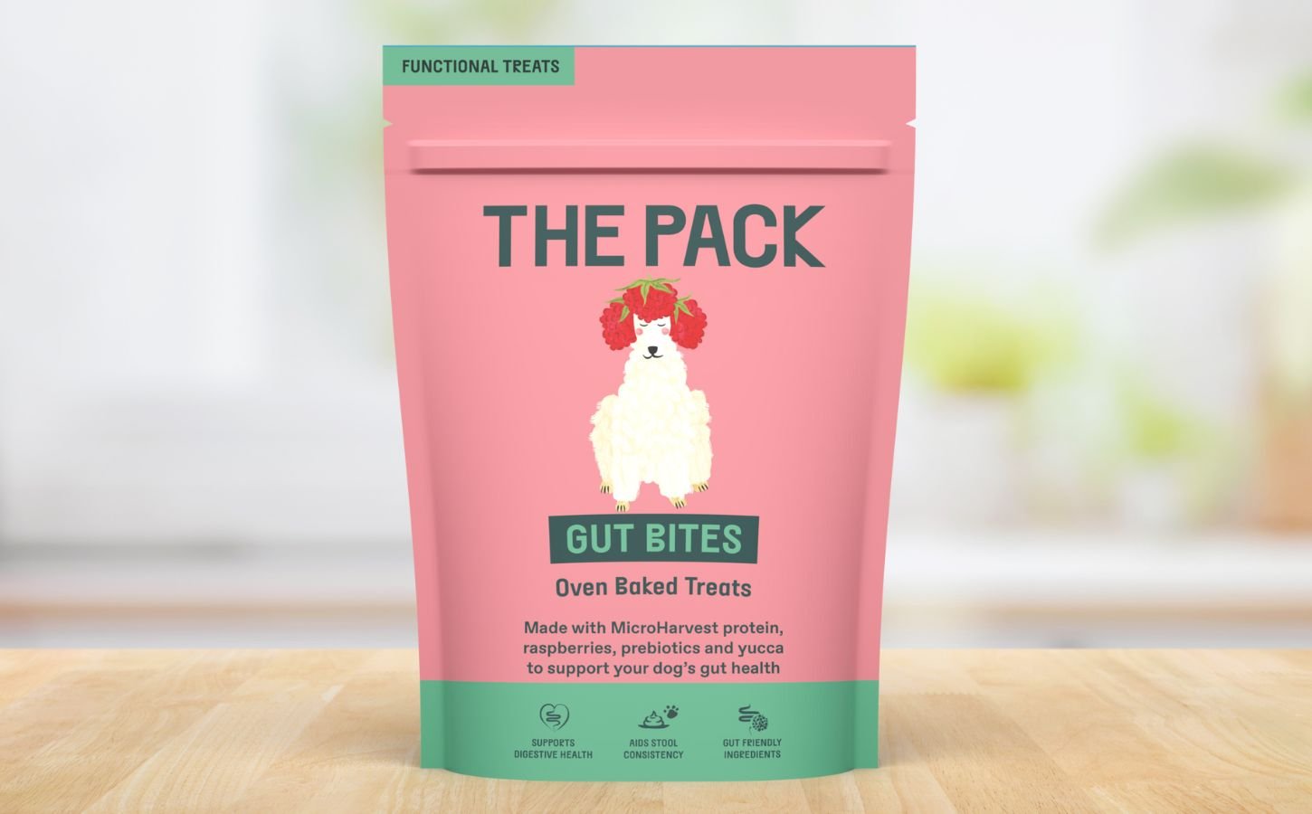 Photo shows the packaging of the new sustainable dog food 'Gut Bites' produced by THE PACK and MicroHarvest using fermented microbial protein