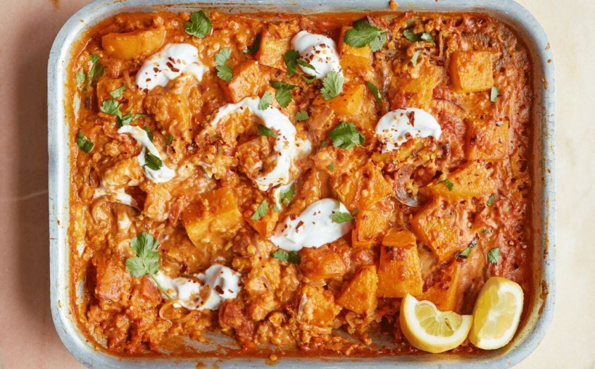 Oven-roasted squash and tomato dhal with coconut milk and ginger for wholesome orange veggie recipes