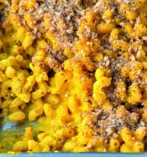 pumpkin mac and cheese with healthy pumpkin cheese sauce and breadcrumb topping