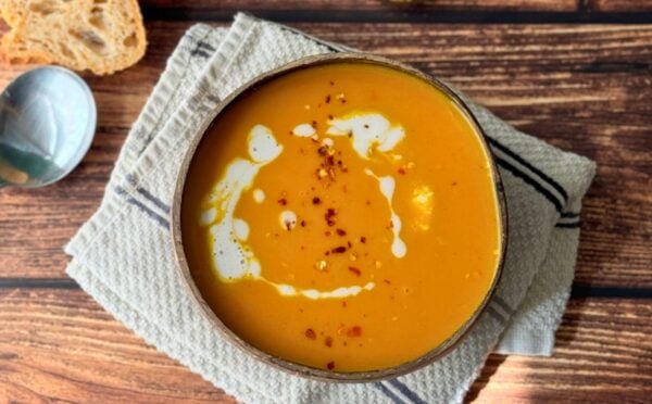 pumpkin soup with carrot, onion, garlic, coconut milk, and lemon