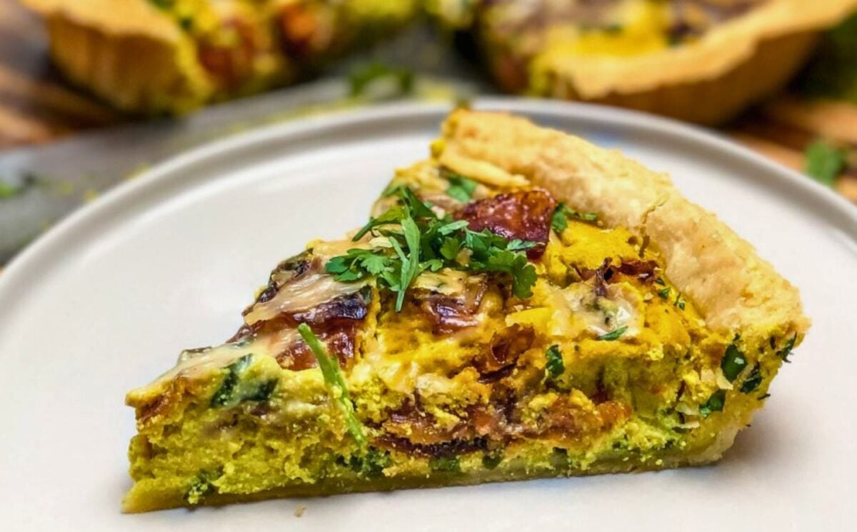 a quiche lorraine for vegan savory tart ideas with nutritional yeast, chickpea flour, and vegan cheese