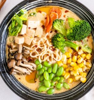 quick vegan ramen with mushrooms, edamame, broccoli and corn for ramen recipes for chilly days