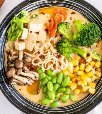 quick vegan ramen with mushrooms, edamame, broccoli and corn for ramen recipes for chilly days