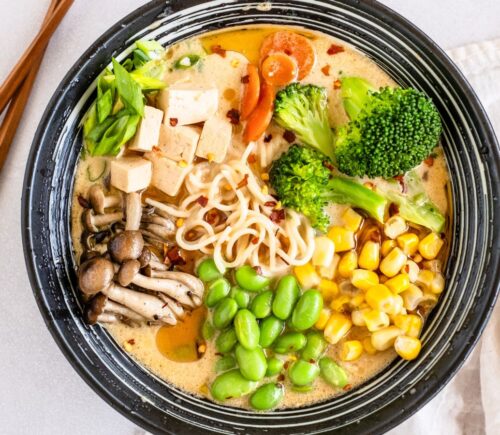 quick vegan ramen with mushrooms, edamame, broccoli and corn for ramen recipes for chilly days