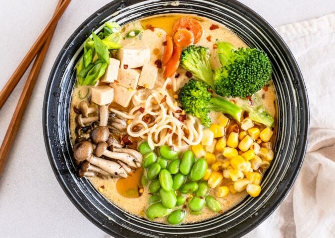 quick vegan ramen with mushrooms, edamame, broccoli and corn for ramen recipes for chilly days