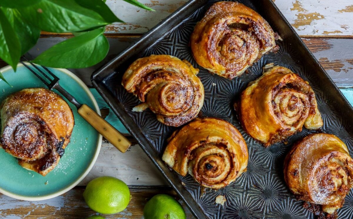 plant based rum swirls made with apple, lime, ginger, rum, and vegan puff pastry