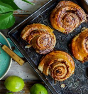 plant based rum swirls made with apple, lime, ginger, rum, and vegan puff pastry