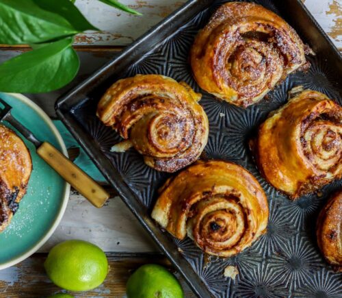 plant based rum swirls made with apple, lime, ginger, rum, and vegan puff pastry