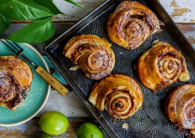 plant based rum swirls made with apple, lime, ginger, rum, and vegan puff pastry