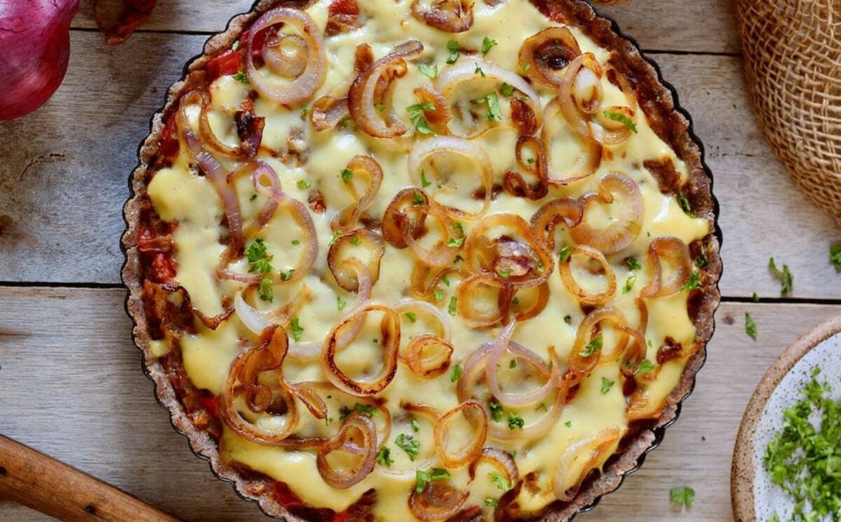 caramelized onion tart with gluten-free flour and vegan cheese for vegan savory tart ideas