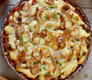 caramelized onion tart with gluten-free flour and vegan cheese for vegan savory tart ideas