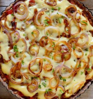caramelized onion tart with gluten-free flour and vegan cheese for vegan savory tart ideas