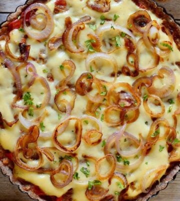 caramelized onion tart with gluten-free flour and vegan cheese for vegan savory tart ideas