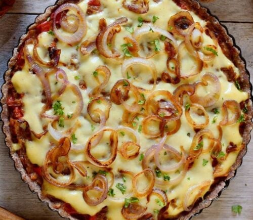 caramelized onion tart with gluten-free flour and vegan cheese for vegan savory tart ideas
