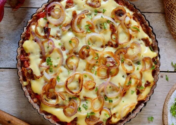 caramelized onion tart with gluten-free flour and vegan cheese for vegan savory tart ideas