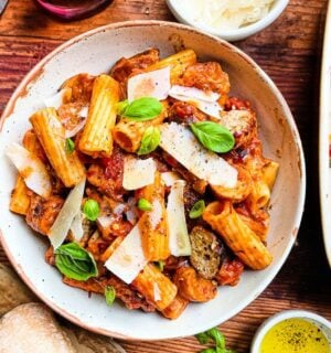 spicy tomato and sausage rigatoni with nutritional yeast and sundried tomatoes