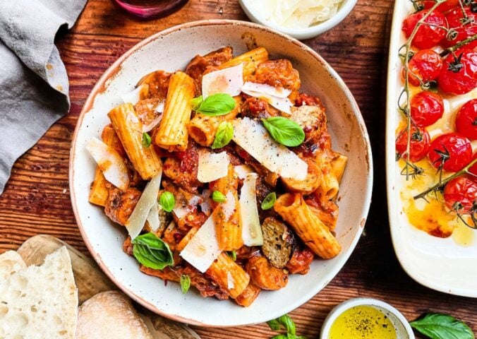 spicy tomato and sausage rigatoni with nutritional yeast and sundried tomatoes
