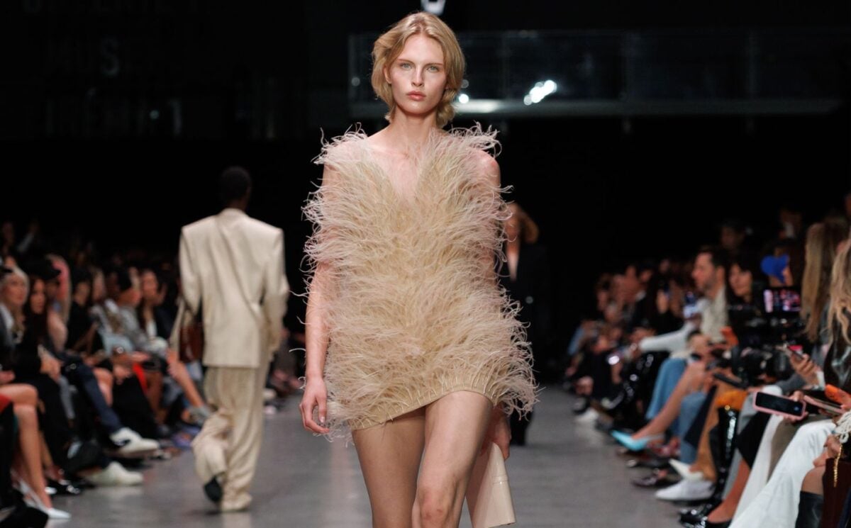 Photo shows a model at Paris Fashion Week wearing a Stella McCartney dress featuring vegan feathers from London-based company FEVVERS