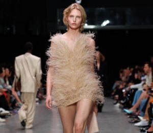 Photo shows a model at Paris Fashion Week wearing a Stella McCartney dress featuring vegan feathers from London-based company FEVVERS