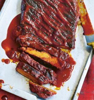 sweet cranberry glazed BBQ ribs with seitan ribs, a cranberry and orange sauce, and allspice