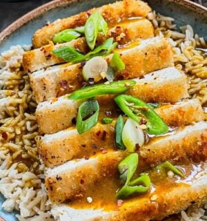 tofu katsu curry with brown rice, carrot and onion curry, and a panko-covered piece of tofu