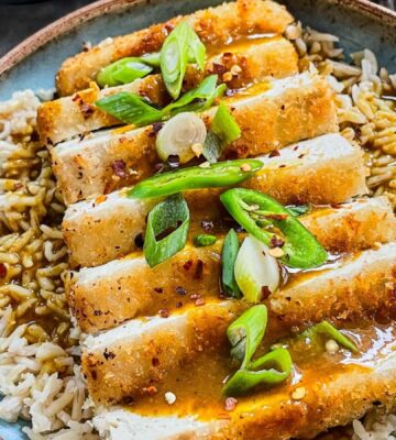tofu katsu curry with brown rice, carrot and onion curry, and a panko-covered piece of tofu