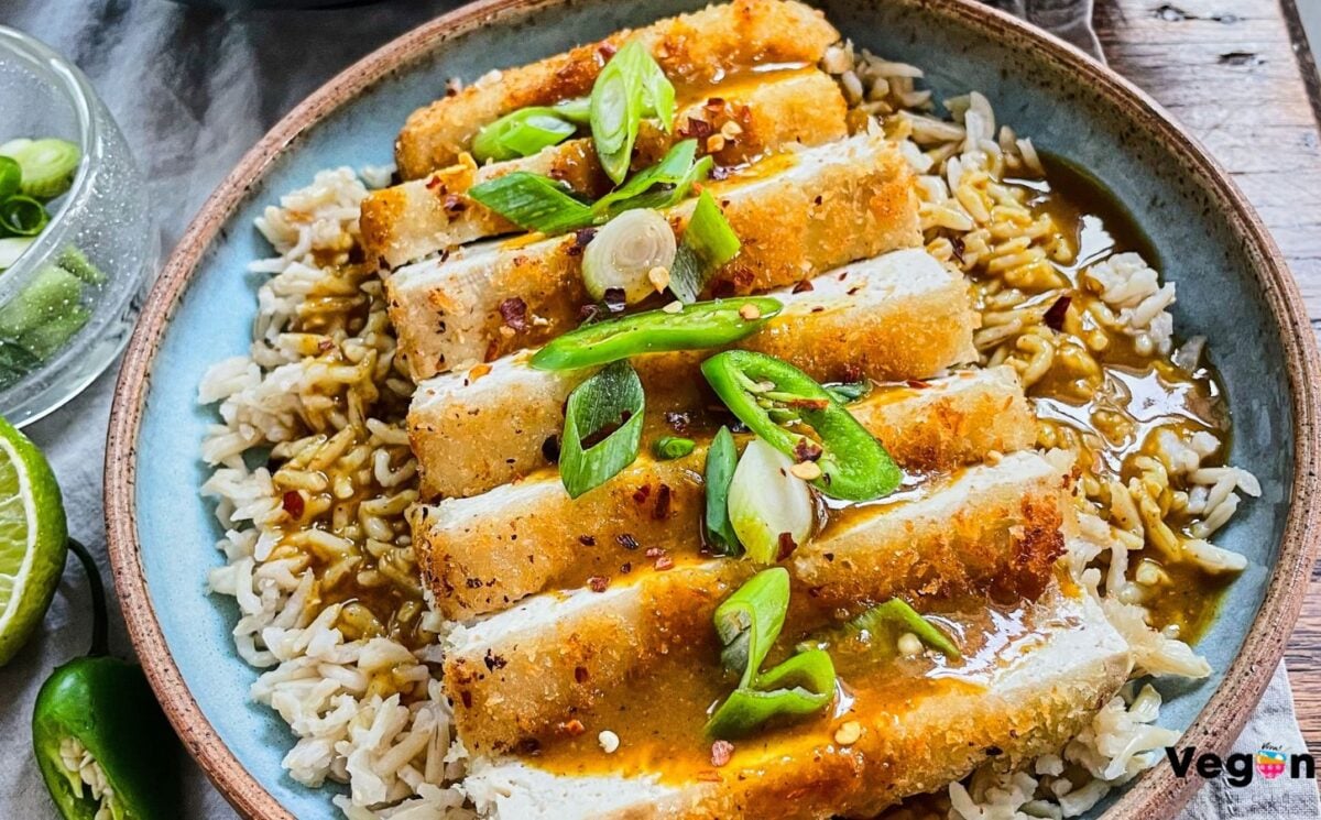 tofu katsu curry with brown rice, carrot and onion curry, and a panko-covered piece of tofu