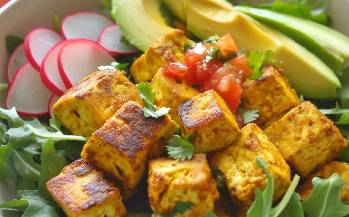 tomato choka salad with chickpea tofu made of chickpea flour for high-protein and gluten-free vegan recipes