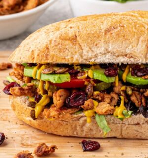 A vegan club sandwich with "turkey" flavor soy curls for cozy sandwich recipes