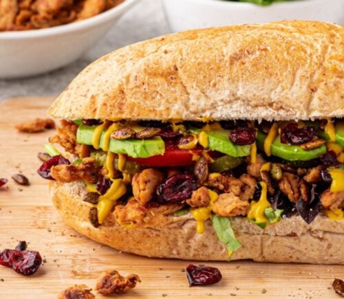 A vegan club sandwich with "turkey" flavor soy curls for cozy sandwich recipes