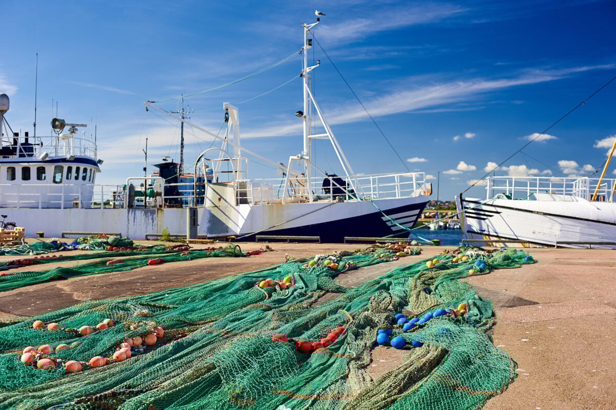 Photo shows the a net used for bottom trawling spread out on the beach next to a boat