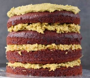 a freshly baked vegan Dubai chocolate cake with four layers