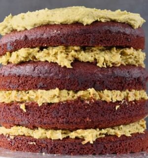 a freshly baked vegan Dubai chocolate cake with four layers