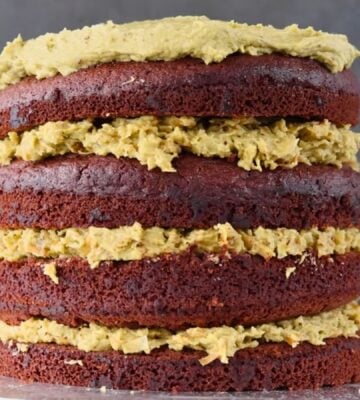 a freshly baked vegan Dubai chocolate cake with four layers