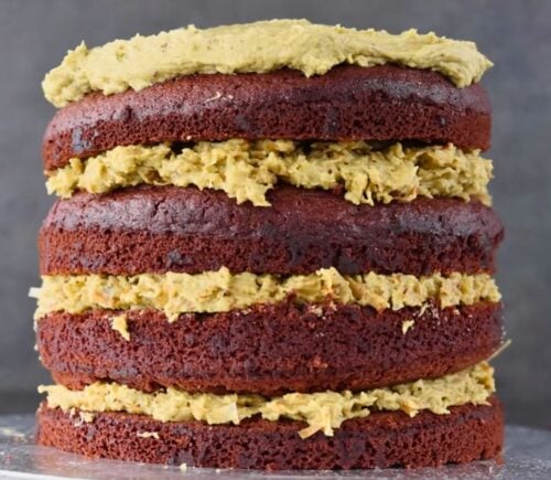 a freshly baked vegan Dubai chocolate cake with four layers