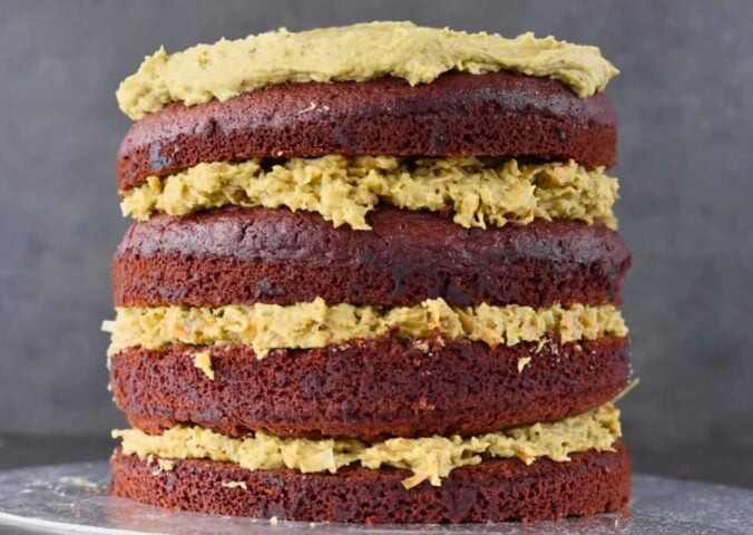 a freshly baked vegan Dubai chocolate cake with four layers