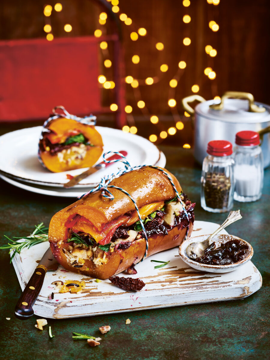 stuffed squash roast with butternut, glazed onions, Christmas rice, mushrooms and cranberry sauce