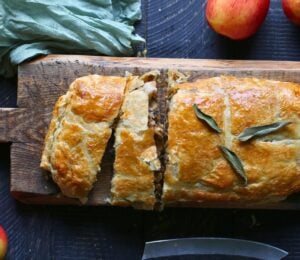 apple, parsnip and mushroom wellington with onion, garlic, and green lentils