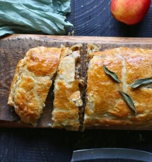 apple, parsnip and mushroom wellington with onion, garlic, and green lentils