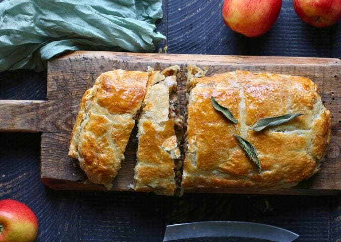 apple, parsnip and mushroom wellington with onion, garlic, and green lentils