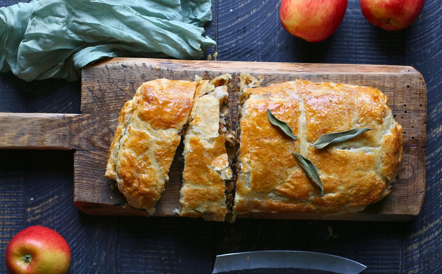 apple, parsnip and mushroom wellington with onion, garlic, and green lentils