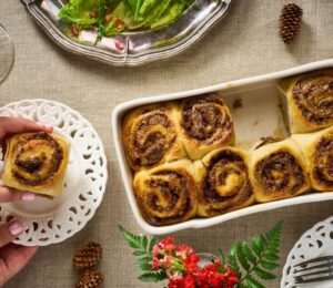 plant-based cranberry BBQ pulled pork swirls topped with dukkah and chives