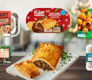 Photo shows several of the vegan Christmas food launches for 2025, including products from the Big Four UK supermarkets