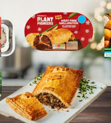 Photo shows several of the vegan Christmas food launches for 2025, including products from the Big Four UK supermarkets