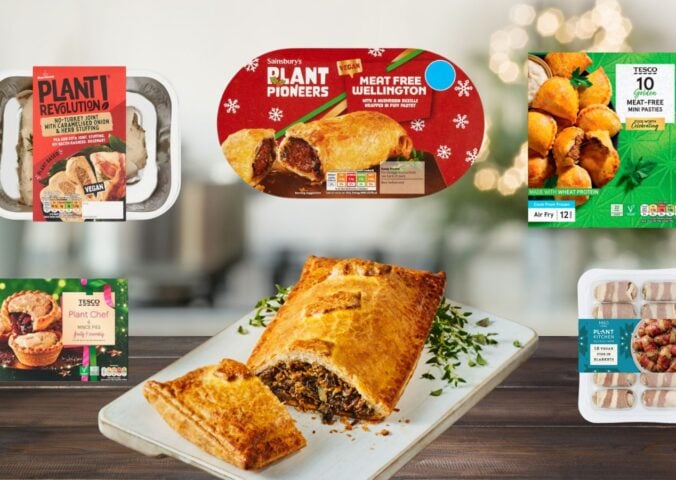 Photo shows several of the vegan Christmas food launches for 2025, including products from the Big Four UK supermarkets